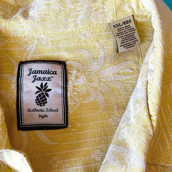 Jamaica Jaxx 100% Silk Jacquard Palm Frond Hawaiian Shirt Yellow XXL Banana Leaf - Picture 5 of 6